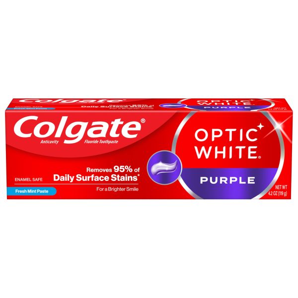 Colgate Optic White Purple Toothpaste for Teeth Whitening, Teeth Whitening Toothpaste with Fluoride, Helps Remove Surface Stains and Polishes Teeth, Enamel-Safe for Daily Use, Mint Paste, 4.2 oz