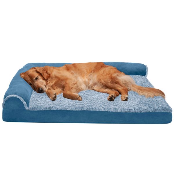 Furhaven Orthopedic Dog Bed for Large Dogs w/ Removable Bolsters & Washable Cover, For Dogs Up to 95 lbs - Two-Tone Plush Faux Fur & Suede L Shaped Chaise - Espresso, Jumbo/XL