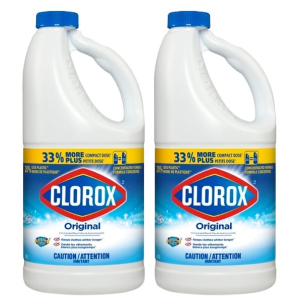 2 - Pack Chlorox original Bleachh 43 oz Cleaning Cleanser Household Disinfecting and Cleaning Solution Bundled with Vortix Ship Bag for Extra Protection Ideal for Kitchens Bathrooms Laundry & More