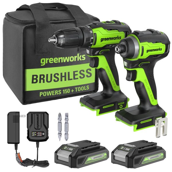 Greenworks 24V MAX Cordless Brushless Drill + Impact Combo Kit, (2) 2.0Ah Batteries, (1) Charger, and Bag Included