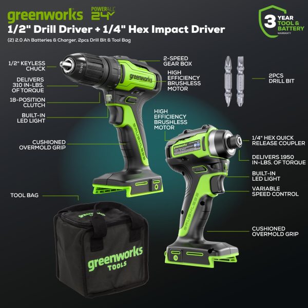 Greenworks 24V MAX Cordless Brushless Drill + Impact Combo Kit, (2) 2.0Ah Batteries, (1) Charger, and Bag Included - Image 2