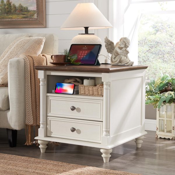 T4TREAM 24'' Farmhouse End Table w/4 Solid Wood Feet, Large 2 Drawers Wide Sofa Side Table with Charging Station, Tall Rustic Wood Square Nightstand for Living Room, Bedroom, Office, Antique White